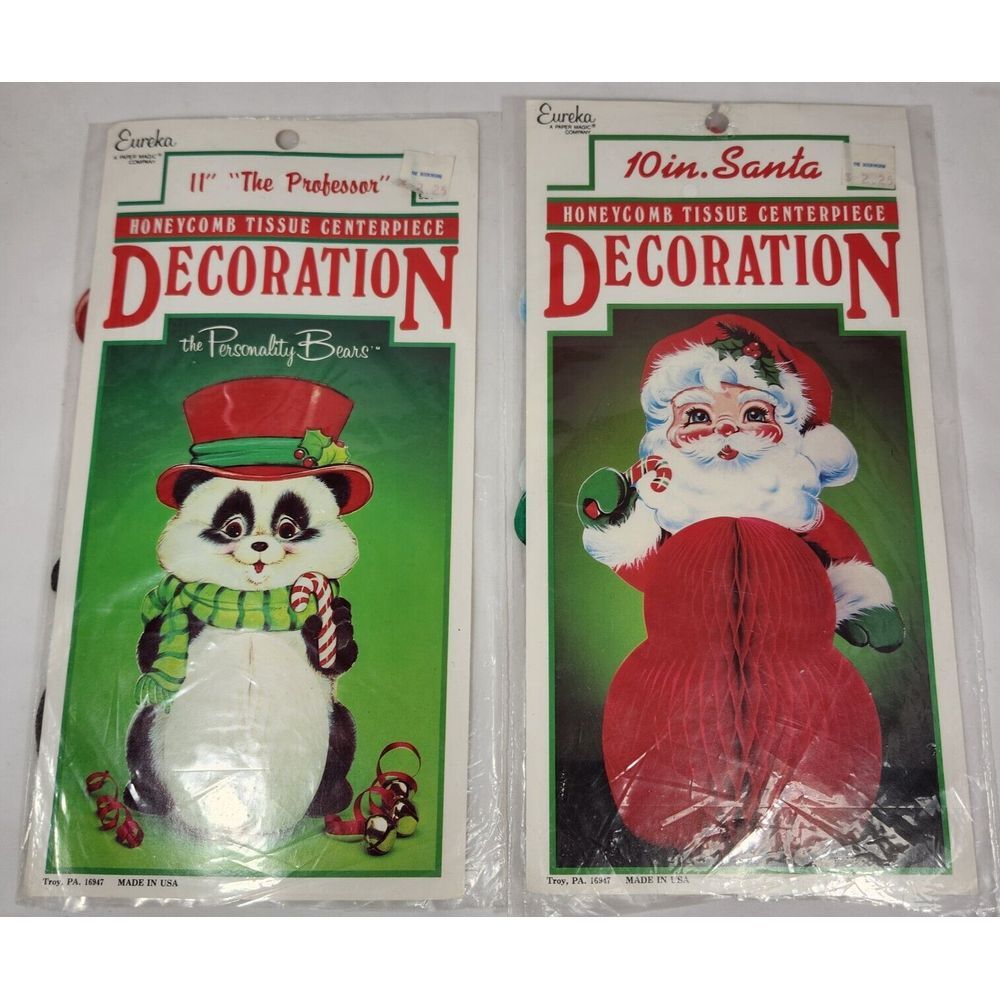 (lot of 2) vintage Eureka honeycomb 10" SANTA & 11" Personality Bears PROFESSOR